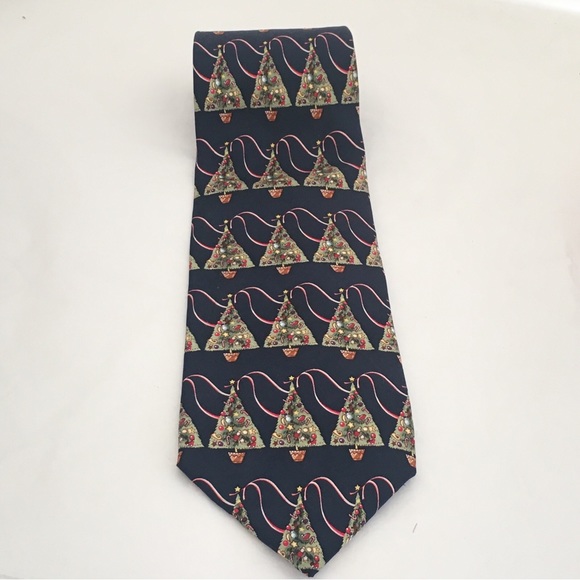 Hallmark Christmas Tree Tie Mens 100% Silk Yule Tide Holiday Dress Suit Navy - Picture 3 of 6